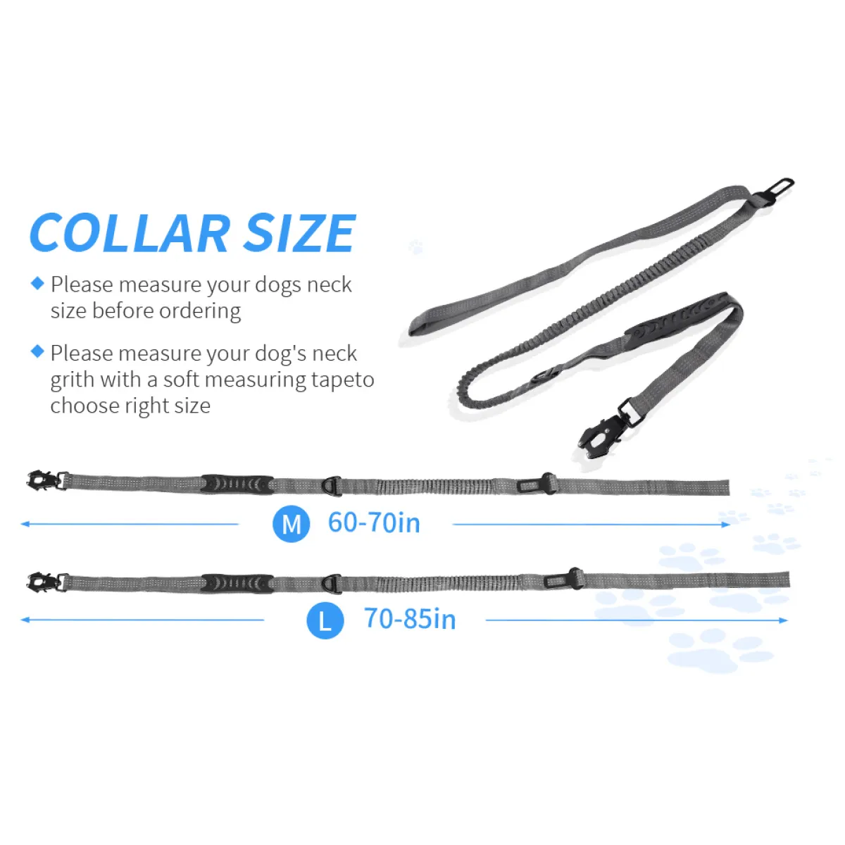 Collar size guide — adjustable bungee dog leash with strap lengths M 60–70 in and L 70–85 in; measure neck girth before ordering.