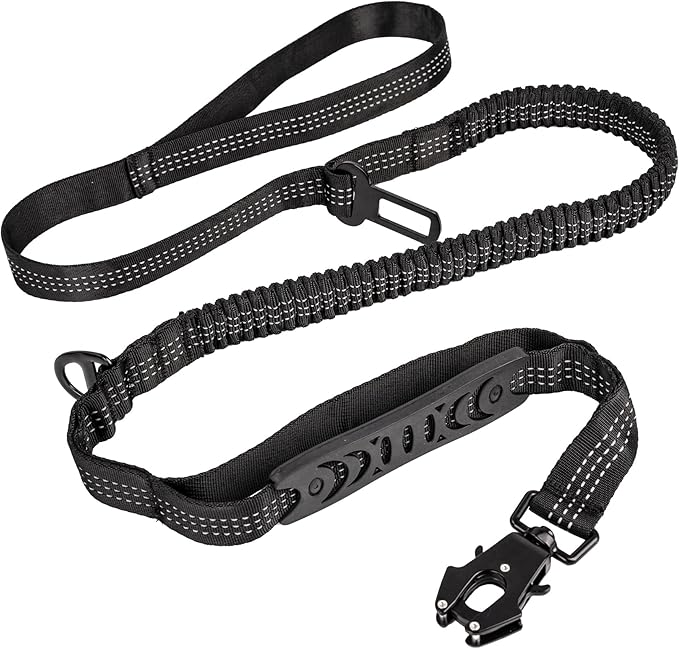RidgePaw bungee dog leash for walking & car travel with seatbelt buckle, shock-absorbing stretch, 360° locking carabiner and padded reflective handle
