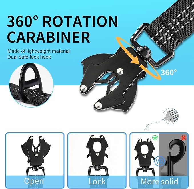 360° locking carabiner with dual-safety latch—prevents twisting and accidental release during active walks