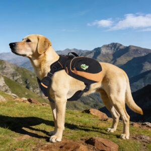 Labrador wearing an outdoor dog saddlebag harness with black-and-orange storage pockets while hiking in the mountains.