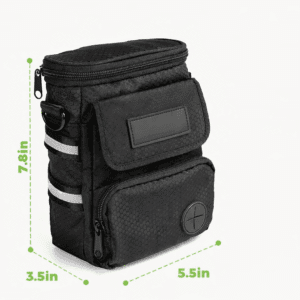 Dog treat training pouch dimensions: 7.8 in tall, 5.5 in wide, 3.5 in deep, with adjustable 29-55 in shoulder strap and zip pockets