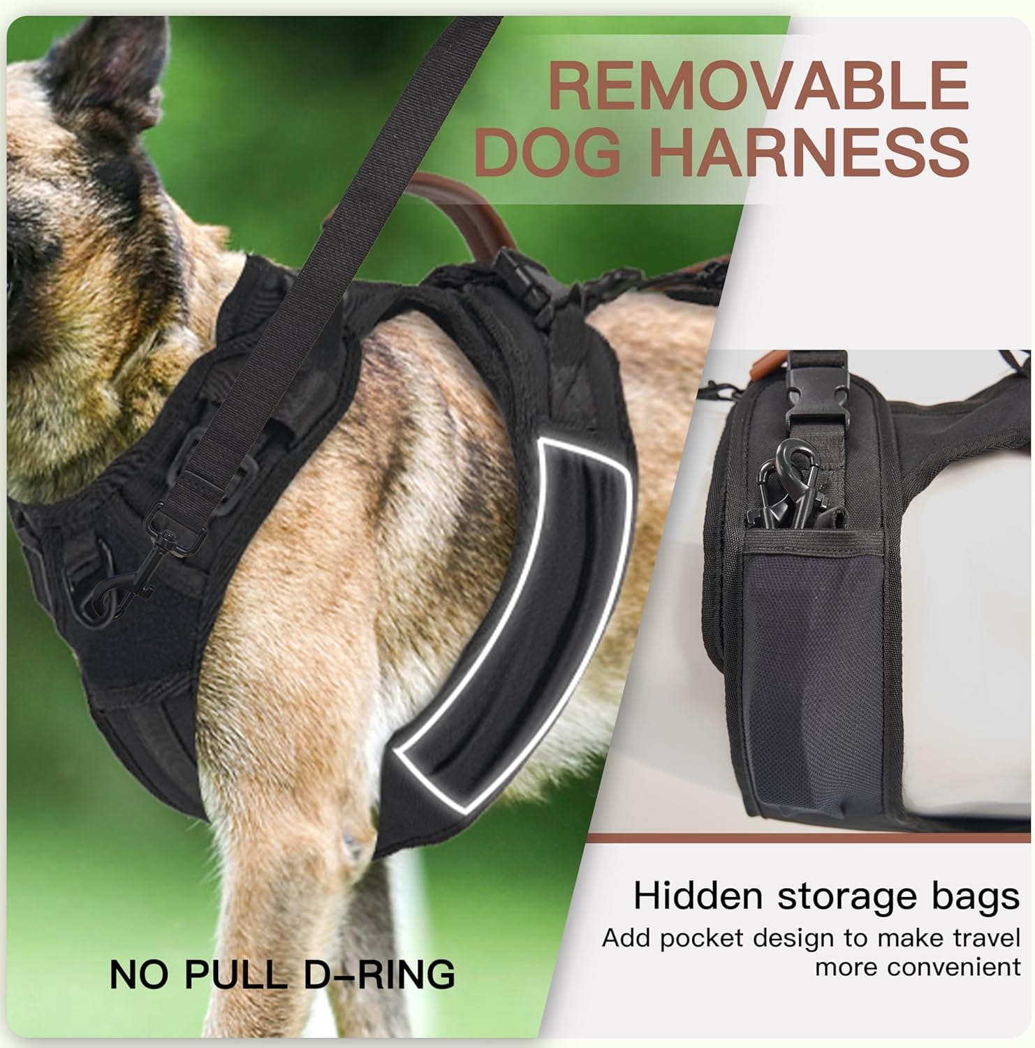 Removable lift-assist dog harness with no-pull D-ring, reflective panel, and hidden storage pocket