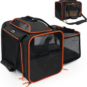 Stridepaw expandable airline-approved pet carrier with breathable mesh panels, orange-trim design, and side extension compartment, shown in expanded and compact modes