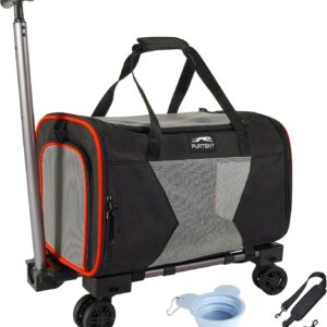 Stridepaw rolling pet carrier with telescopic handle, breathable mesh panels, and four smooth wheels, shown with collapsible pet bowl and shoulder strap on a white background