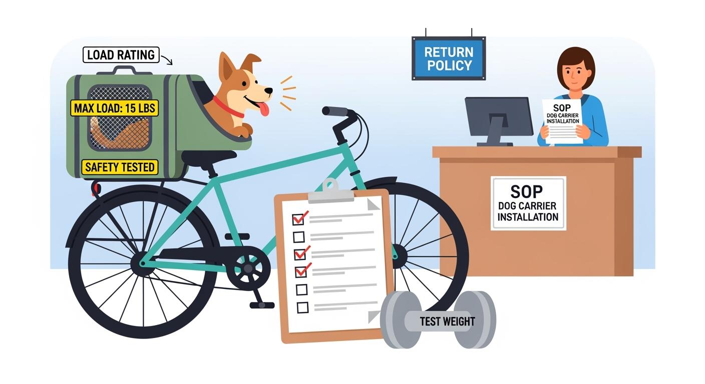 Dog carrier for bike buyer spec pack 2025 with load-rating labels, mount tests and retail return-reduction SOP