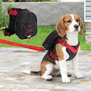 Dog backpack harness with detachable storage pouch and red adjustable straps, shown on a beagle with leash attached outdoors.