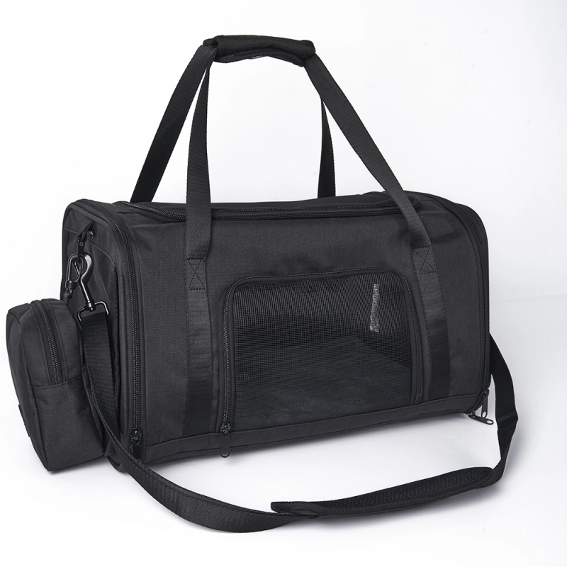 Stridepaw airline-approved pet carrier bag in black with breathable side mesh window, detachable storage pocket, top carry handles, and adjustable shoulder strap