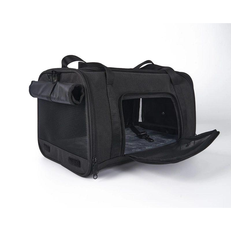 Stridepaw airline-compliant pet carrier showing wide side opening, soft interior pad, and built-in safety leash clip to keep your cat or small dog secure
