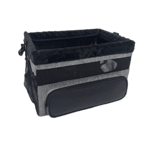 Image: StridePaw Pet Travel Bicycle Bag OT25044 in grey and black with plush top rim, front zip pocket, and mesh side panels for small dogs and cats.