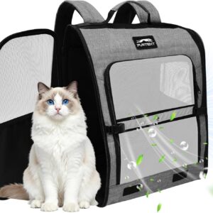 Grey pet carrier backpack with breathable mesh front window and side opening, shown with a cat for size reference.