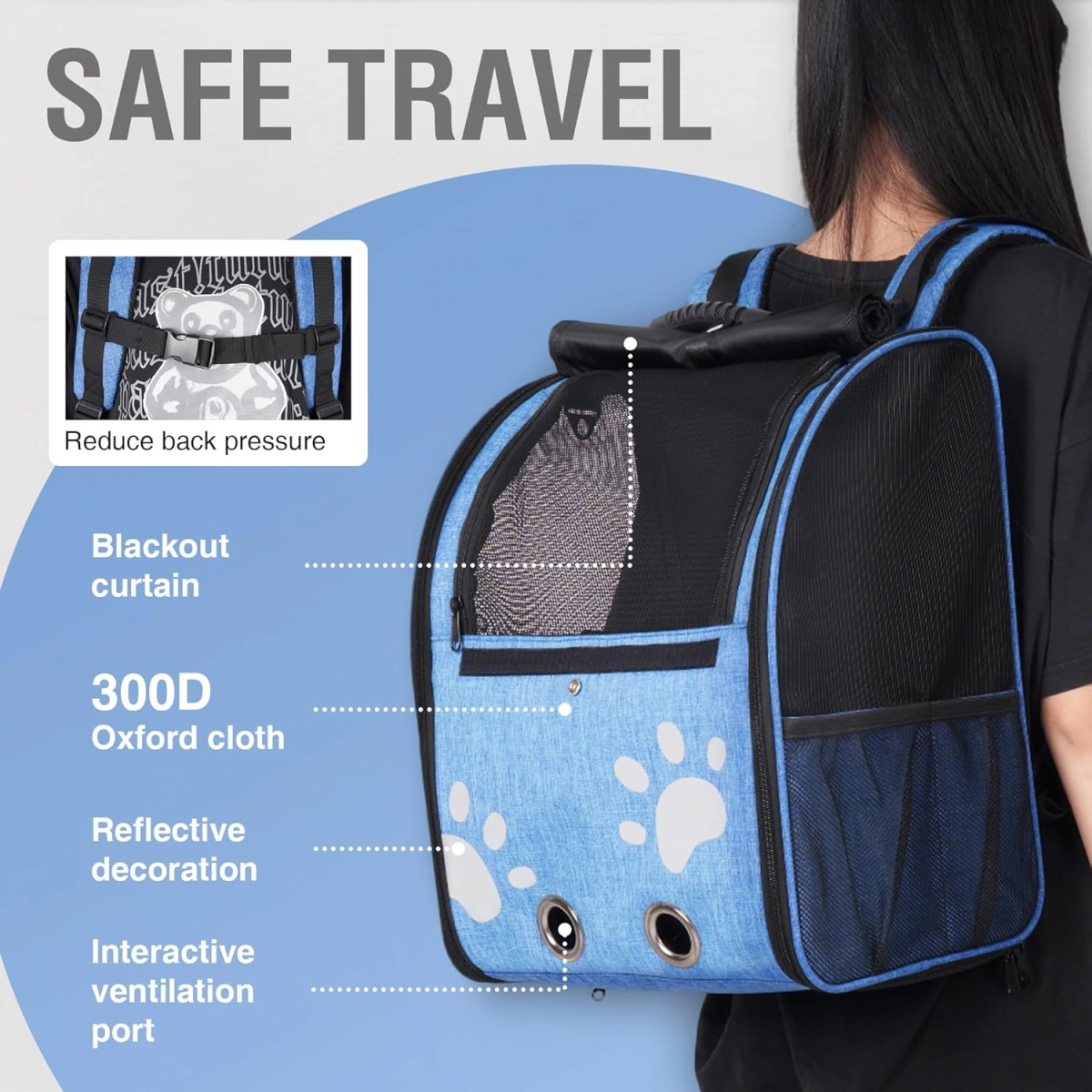Close-up of a blue pet backpack carrier on a person’s back, highlighting blackout curtain, 300D Oxford cloth, reflective decoration, ventilation ports, and reduced back pressure strap.