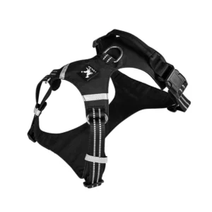 Black no-pull dog harness with reflective strips, adjustable straps, and metal D-ring leash attachment.