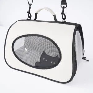 White foldable pet carrier bag with oval mesh window, top handle, and detachable shoulder strap