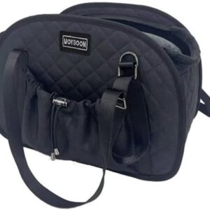 Quilted soft pet travel bag in black with adjustable shoulder strap, metal D-ring hardware, and drawstring front pocket.