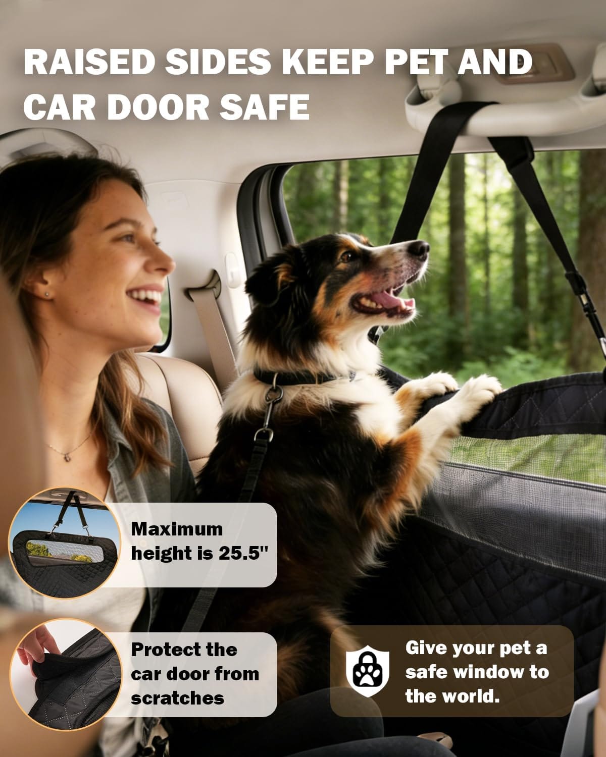 Dog looking out the window behind raised side flaps on a back seat hammock cover that helps protect car doors from scratches.