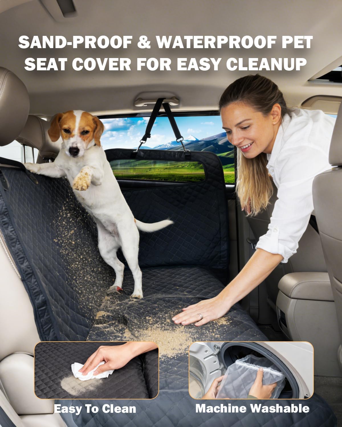 Woman wiping sand off a waterproof dog car seat cover; easy to clean and machine washable rear seat protector.
