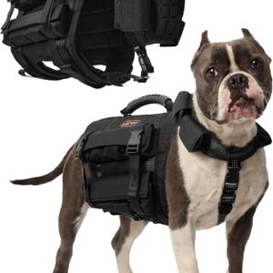 Stridepaw modular weighted dog vest with detachable collar, padded handle, and adjustable straps, shown on a bully breed.