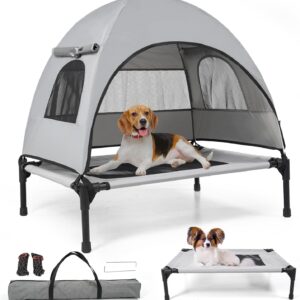 StridePaw steel-frame elevated dog bed with canopy shade and mesh ventilation; includes carry bag, accessories, and bed-without-canopy comparison