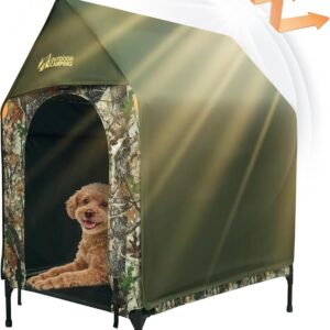Stridepaw elevated outdoor dog house tent with camouflage panels and green rainfly, showing airflow design and a small dog resting inside