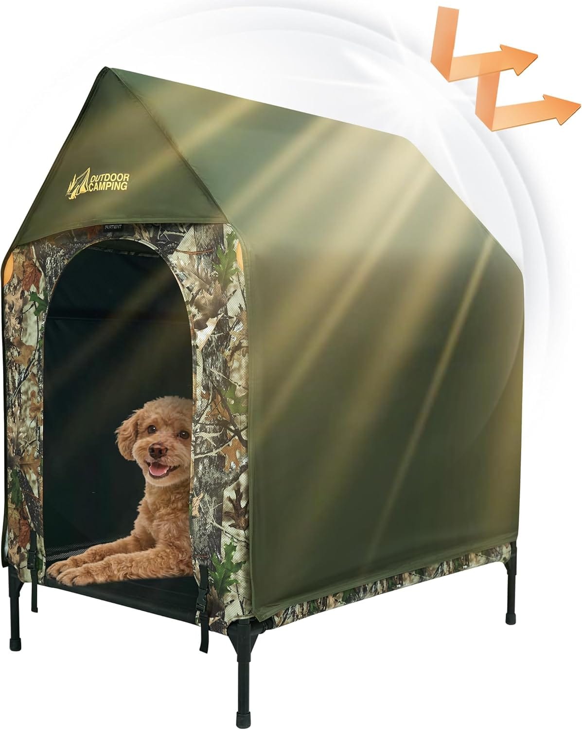 Stridepaw elevated outdoor dog house tent with camouflage panels and green rainfly, showing airflow design and a small dog resting inside