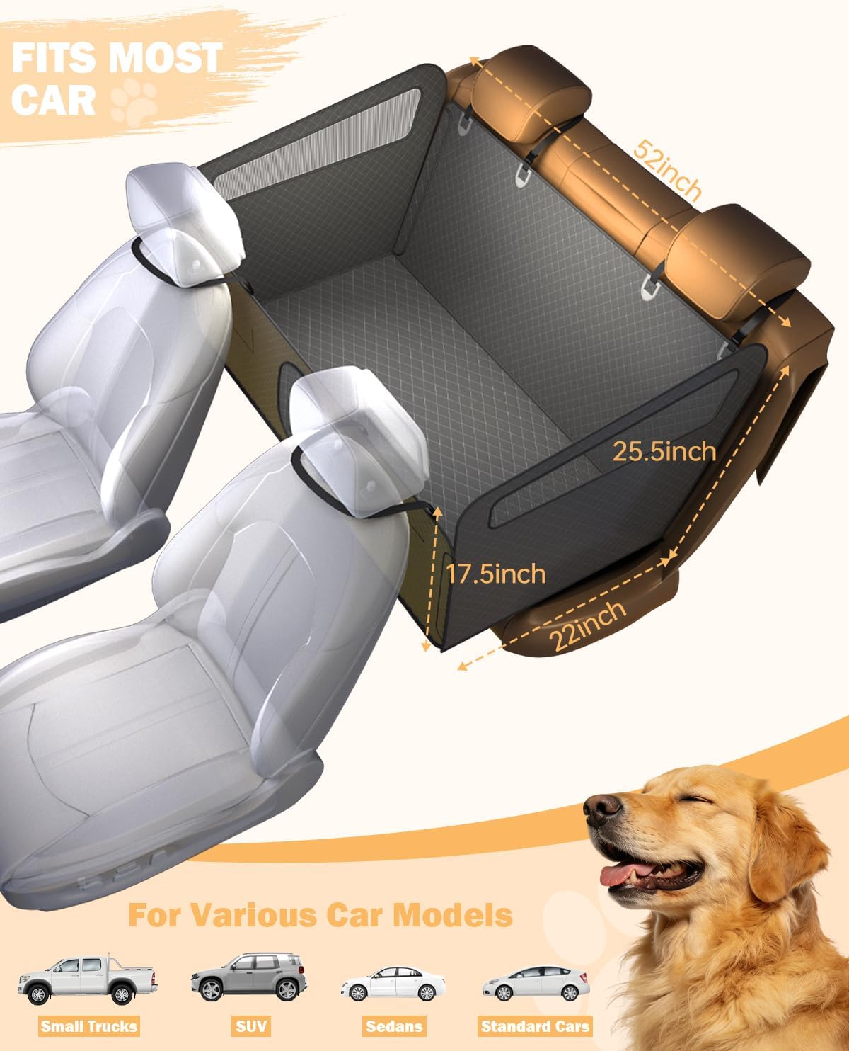 Size diagram of a dog back seat hammock cover, 52 in wide with 25.5 in side height, fits most cars and SUVs.