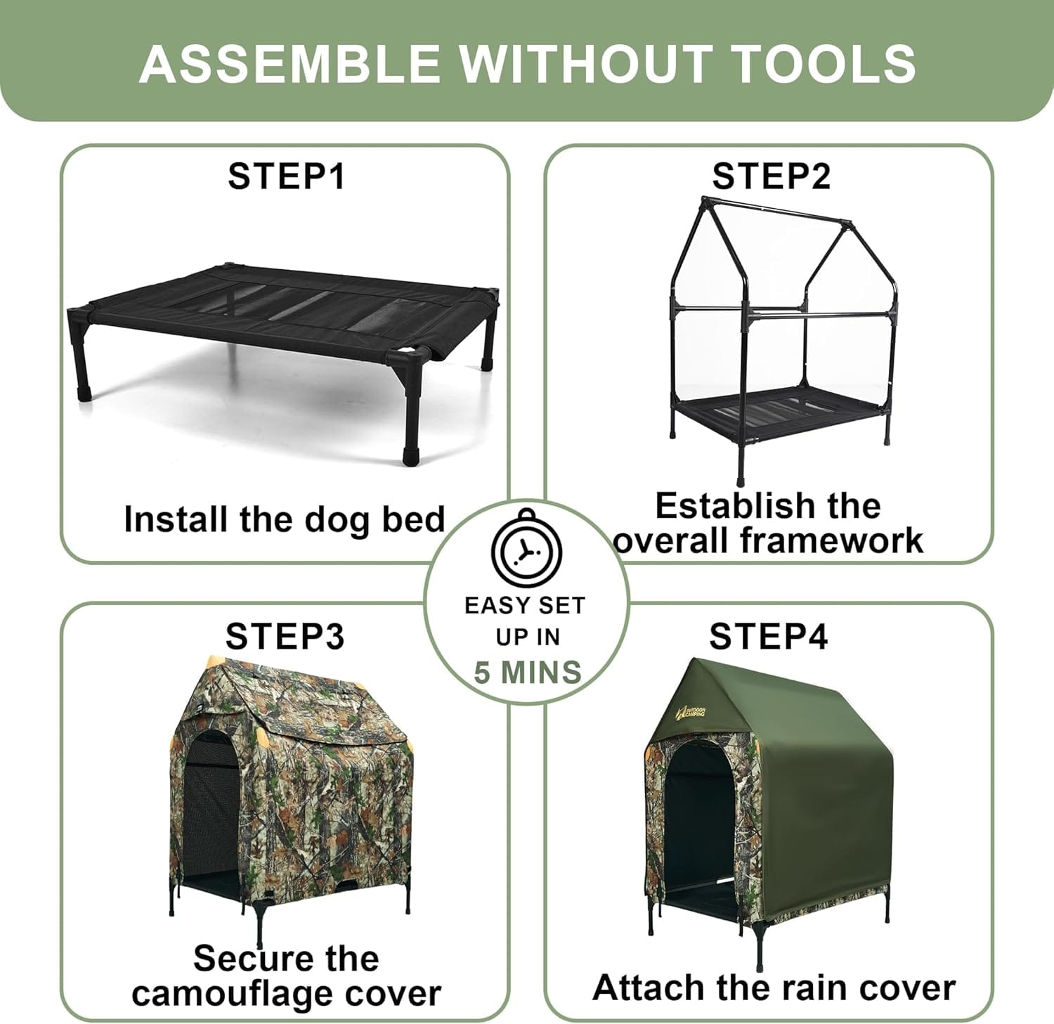 How to assemble the Stridepaw elevated dog tent without tools, showing step-by-step setup from raised bed and frame to camouflage cover and rain cover