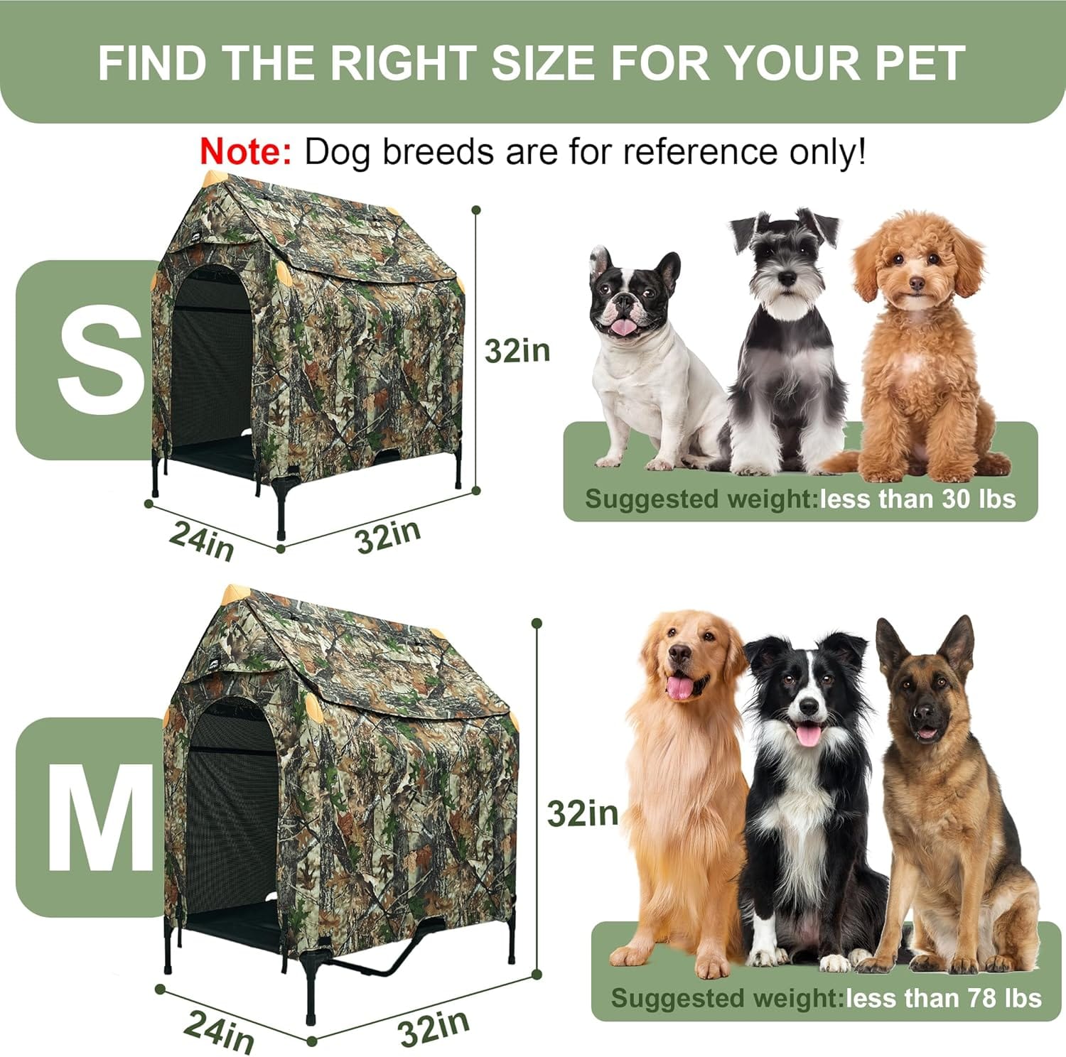 Stridepaw elevated pet tent size guide comparing S and M with dimensions and suggested weight ranges to help choose the right outdoor dog house