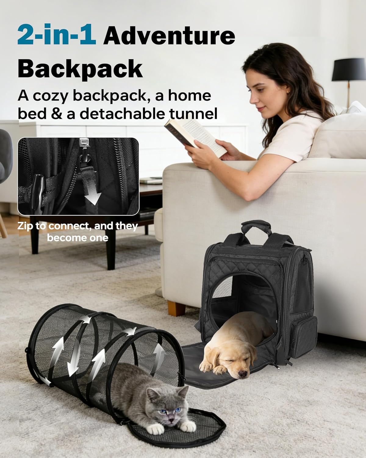 2-in-1 adventure pet backpack that zips to a detachable tunnel, creating a cozy home bed setup for cats and puppies