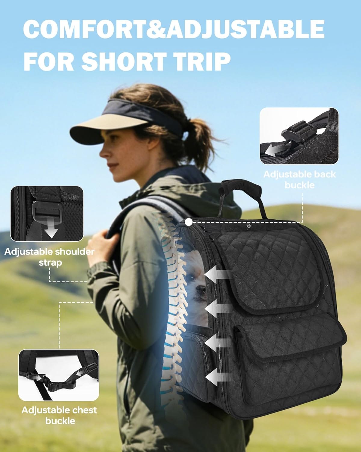 Comfortable, adjustable pet backpack carrier with adjustable shoulder straps, chest buckle, and back buckle for short trips