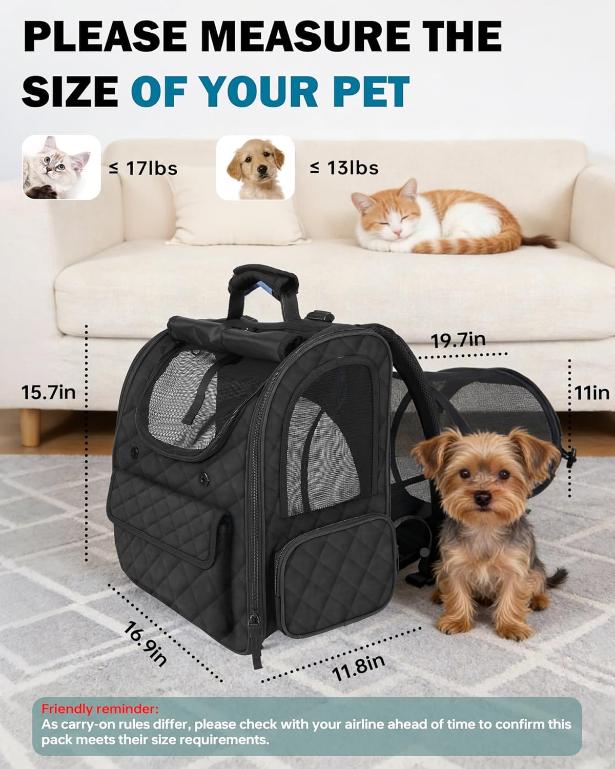 Pet carrier backpack size guide with dimensions and recommended weight limits; measure your pet before travel or flight use