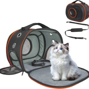 Expandable cat carrier with mesh panels and orange trim, shown open with a fluffy cat and included shoulder strap.