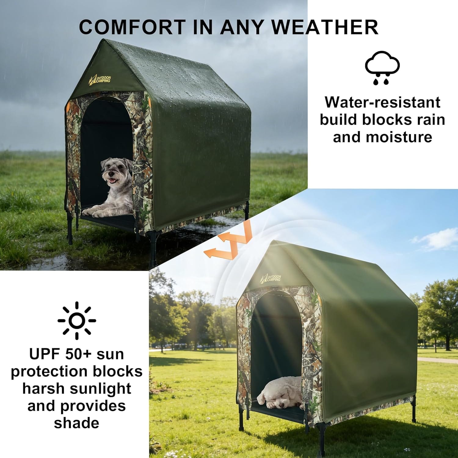Stridepaw weather-ready elevated dog house with water-resistant rain cover and UPF 50+ sun protection, shown in rainy and sunny outdoor conditions