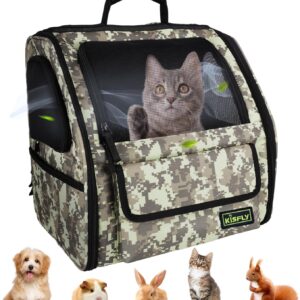Digital camo pet carrier backpack with breathable front mesh window, shown with a cat inside; suitable for small pets.