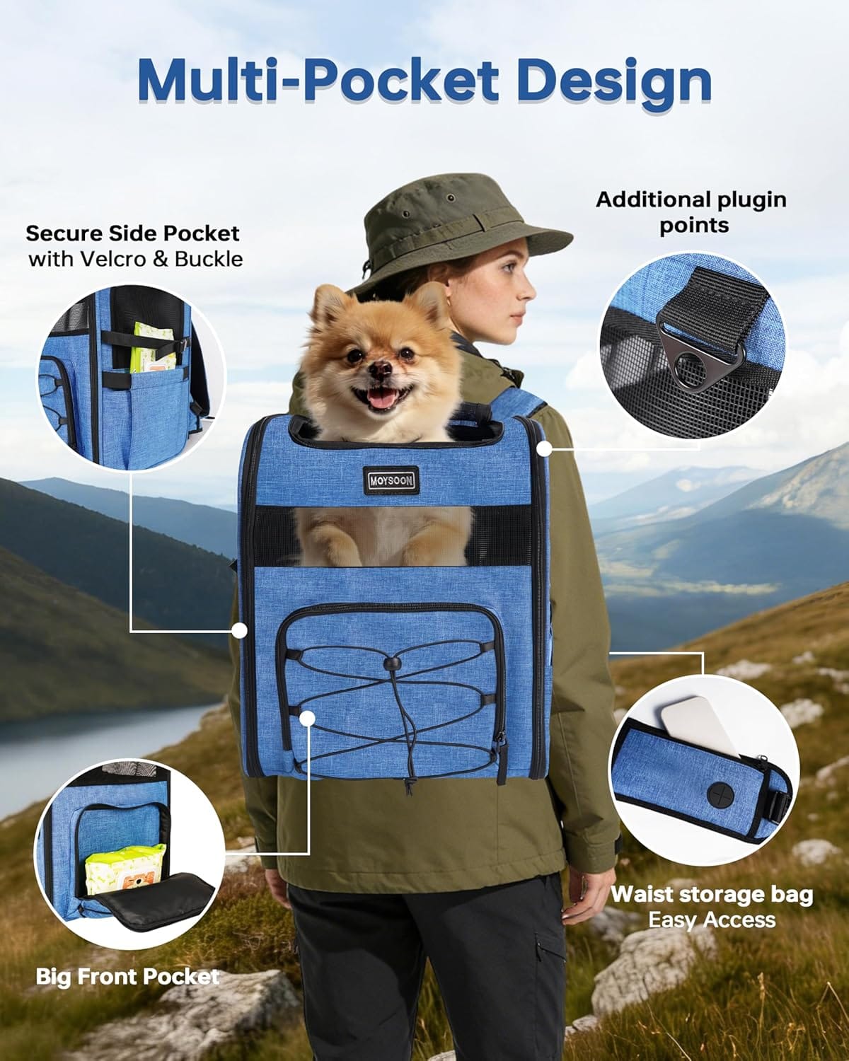 Stridepaw dog carrier backpack multi-pocket design with secure side pocket, large front storage pocket, extra attachment points, and easy-access waist storage bag for hiking essentials