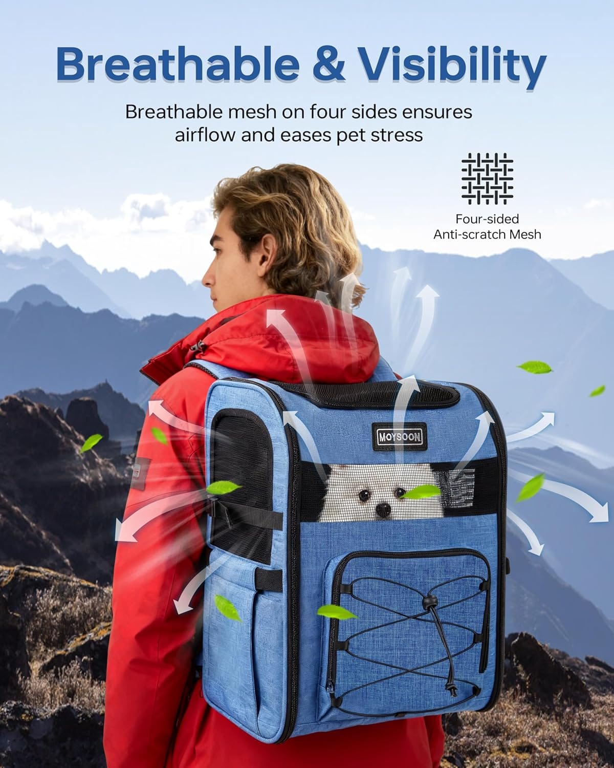 Stridepaw breathable pet carrier backpack with four-sided anti-scratch mesh panels, promoting airflow and visibility to help reduce pet stress during outdoor trips