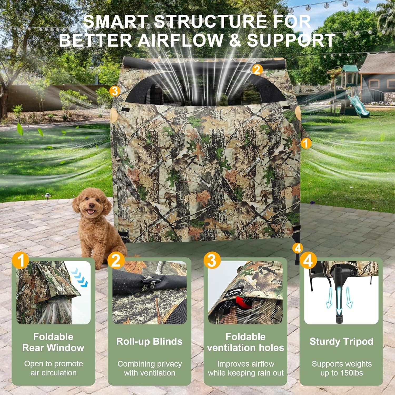 Stridepaw outdoor dog tent structure for airflow and support, featuring foldable rear window, roll-up blinds, ventilation holes, and sturdy tripod legs
