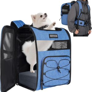 Stridepaw hiking dog carrier backpack in blue with top opening and side entry, shown with a small dog inside and an inset of the backpack worn for hands-free travel