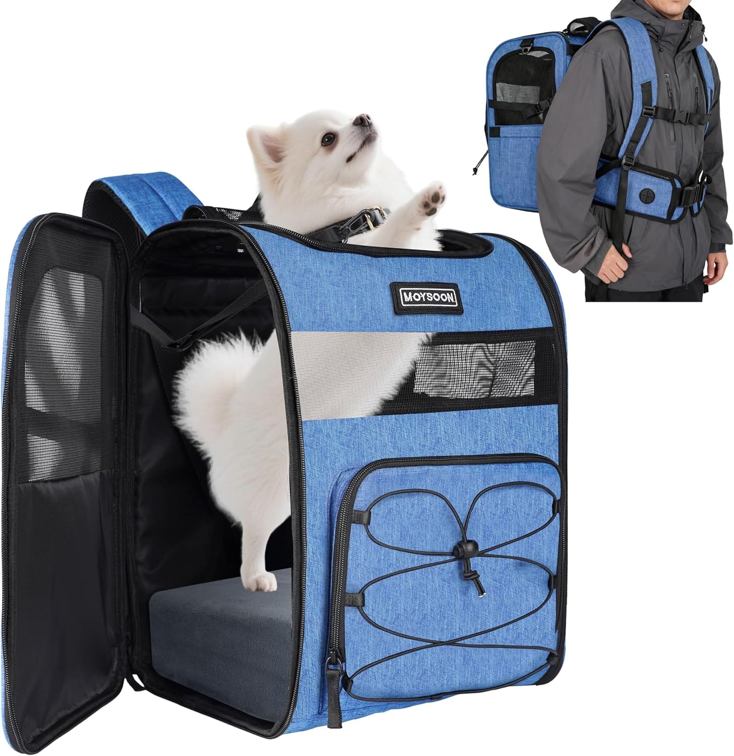 Stridepaw hiking dog carrier backpack in blue with top opening and side entry, shown with a small dog inside and an inset of the backpack worn for hands-free travel