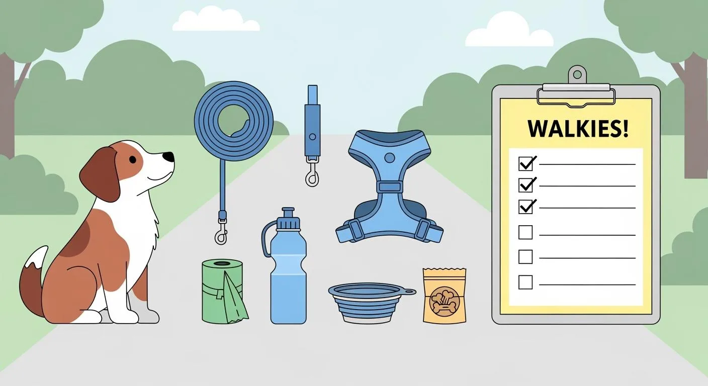 Dog walking kit checklist with harness, leash, treats, waste bags, water bottle, and bowl