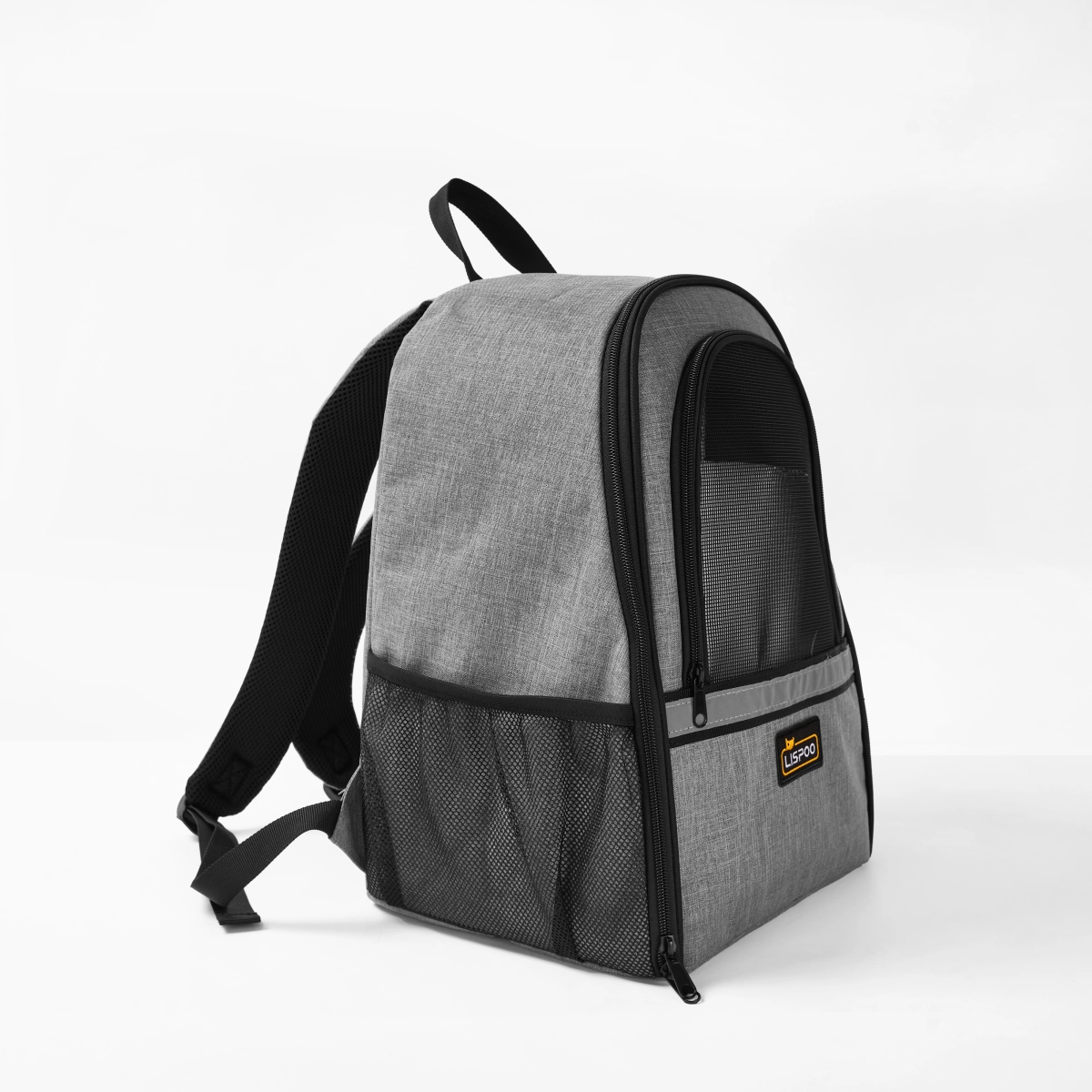 StridePaw pet carrier backpack angled view showing mesh ventilation and side storage pocket