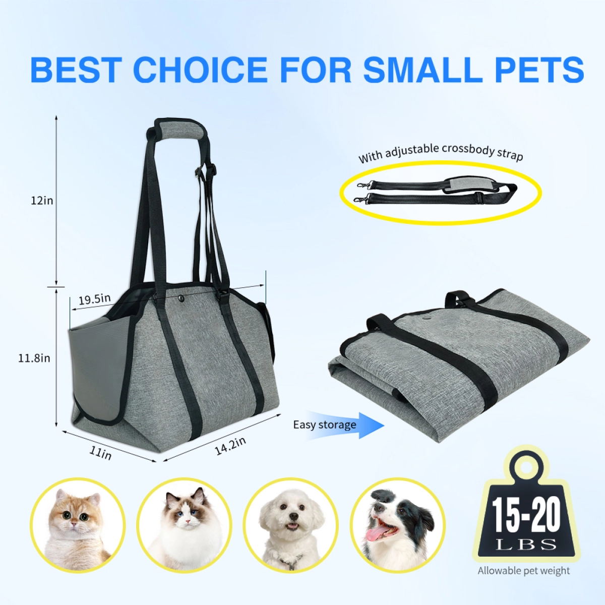 Size guide for the StridePaw pet tote carrier showing dimensions, fold-flat storage, adjustable crossbody strap, and 15-20 lb weight range