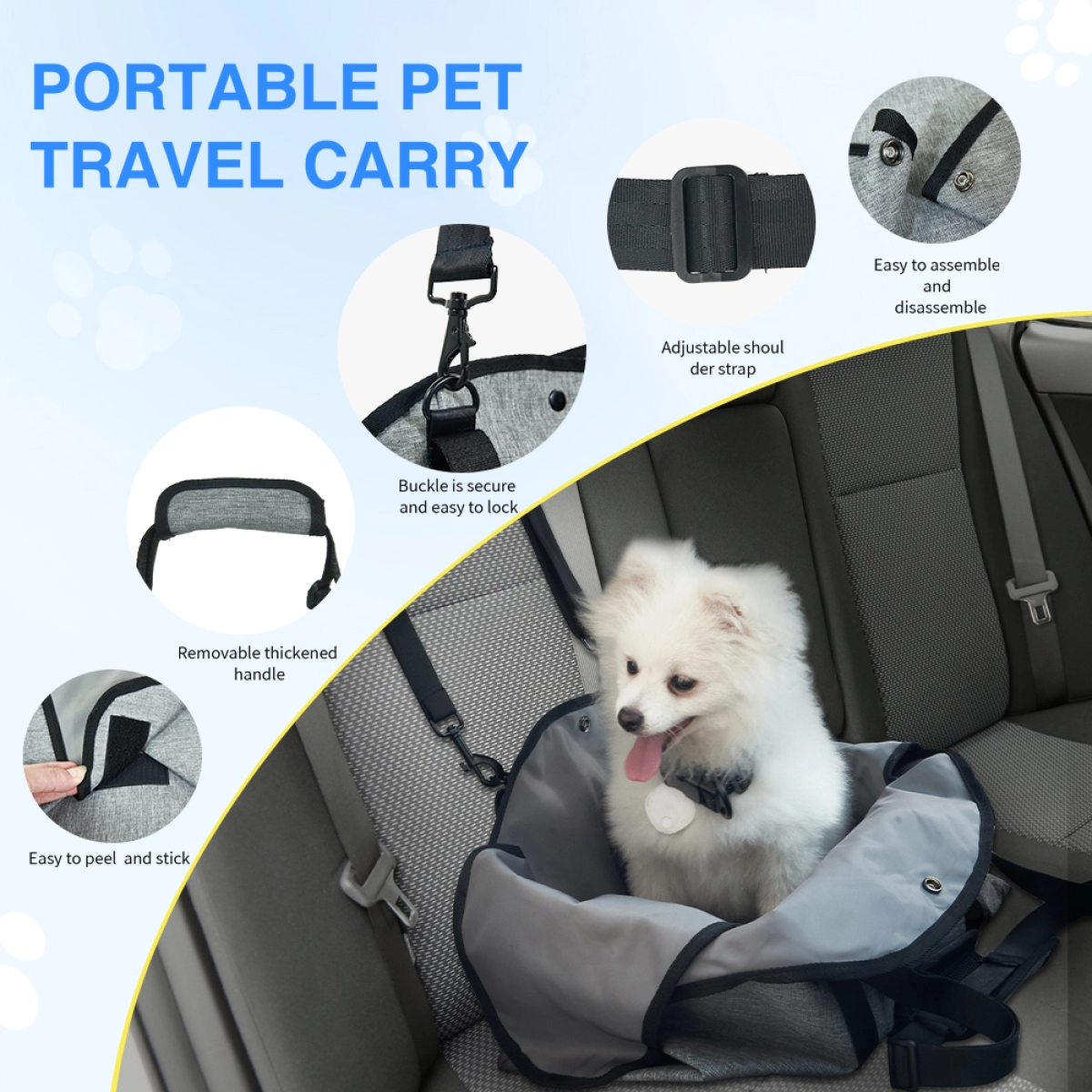 StridePaw portable pet tote carrier shown in a car seat with feature callouts for adjustable strap, secure buckle, and easy assembly