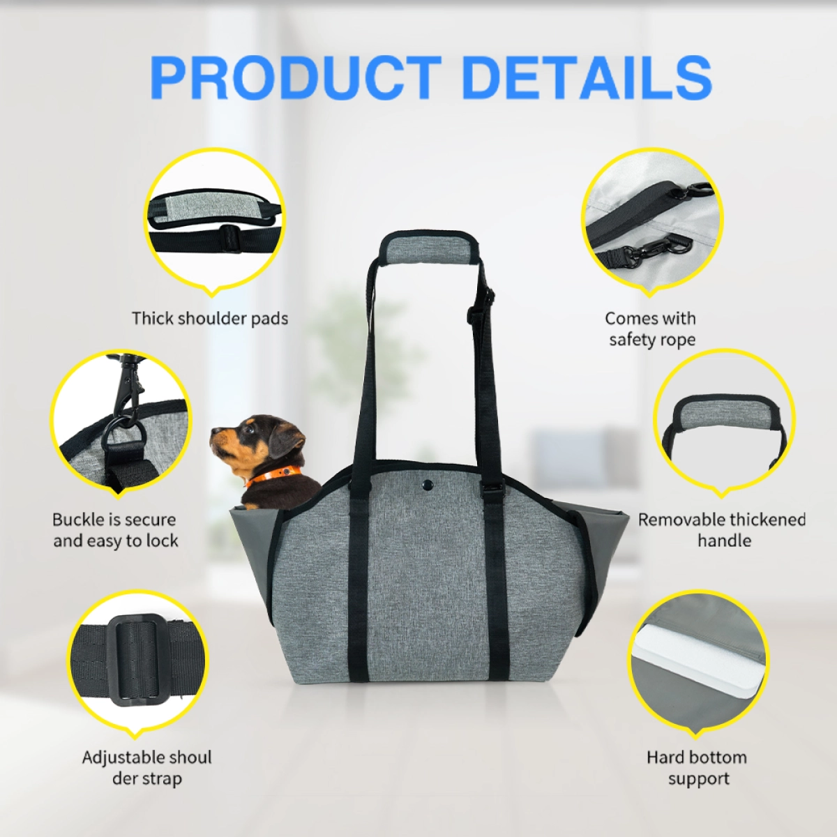 Product details infographic of the StridePaw pet tote carrier highlighting padded shoulder pad, safety tether, adjustable strap, and hard bottom support