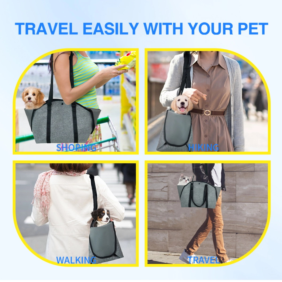 Lifestyle collage showing the StridePaw pet tote carrier for shopping, hiking, walking, and everyday travel with small pets