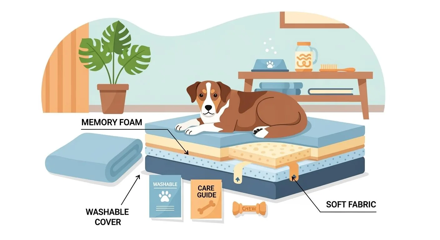 Comforting dog bed with washable cover, memory foam, soft fabric, and care guide