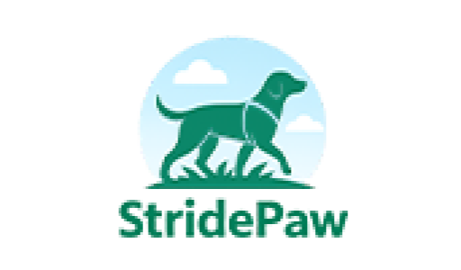 StridePaw wordmark and logo for a factory-direct OEM/ODM outdoor dog gear supplier serving global pet brands and retailers.