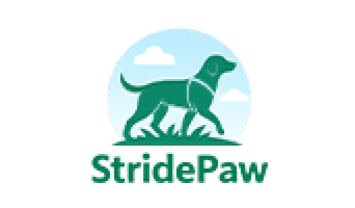 StridePaw wordmark and logo for a factory-direct OEM/ODM outdoor dog gear supplier serving global pet brands and retailers.