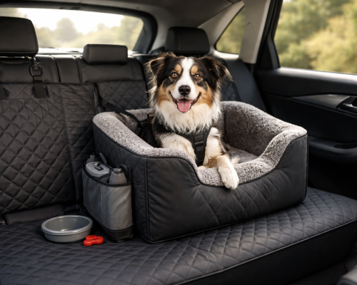 Dog car booster seat and rear bench seat cover protecting the back seat, with a medium dog safely restrained.