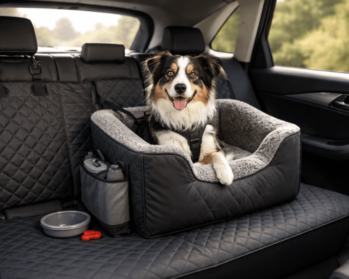 Dog car booster seat and rear bench seat cover protecting the back seat, with a medium dog safely restrained.