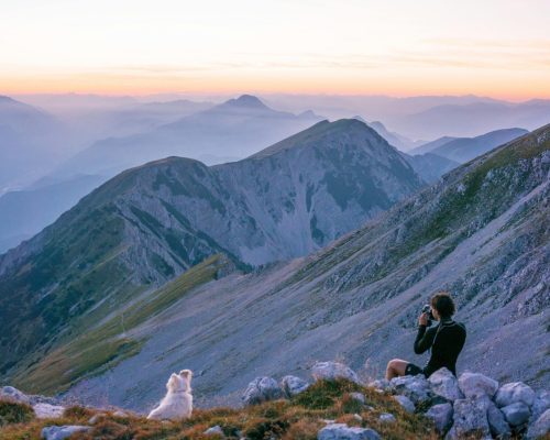 A hiker captures the serene sunrise over Slovenian mountains, with a dog by his side.